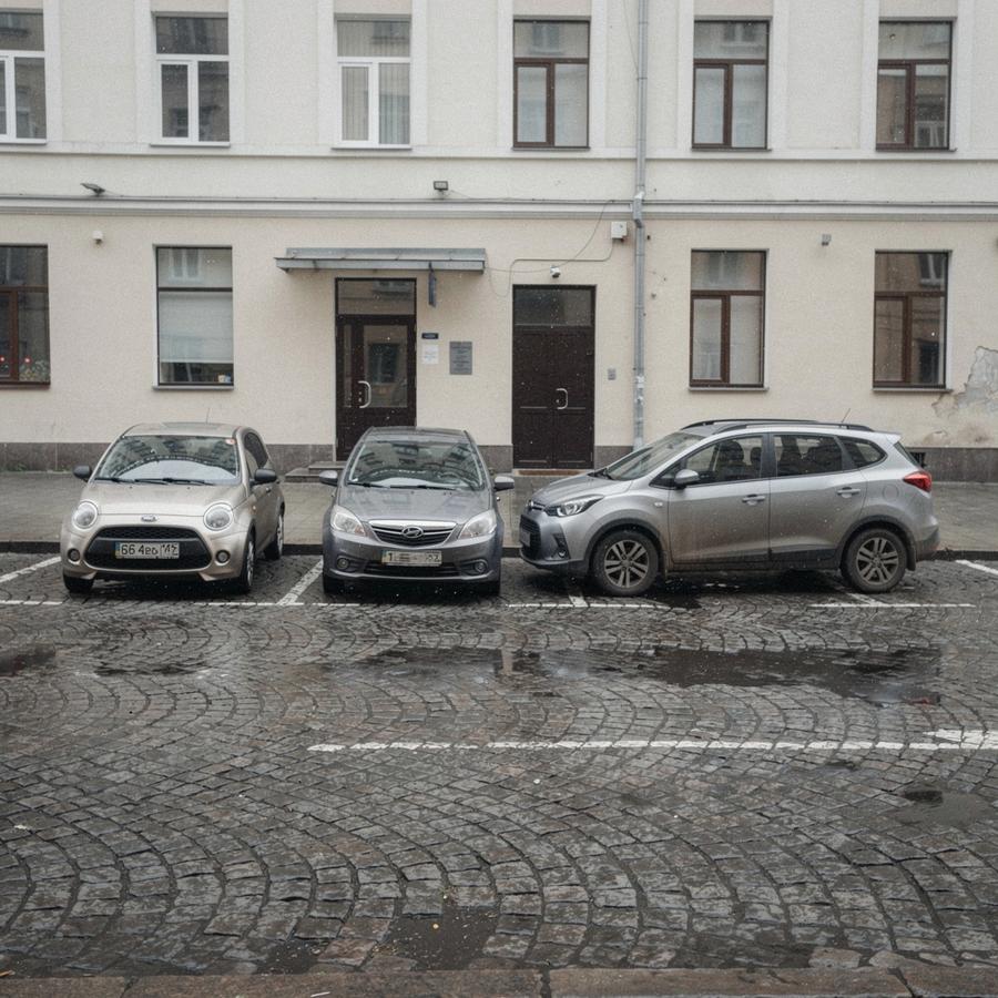Four rental cars of different sizes parked in a row on cobblestone in central Kyiv