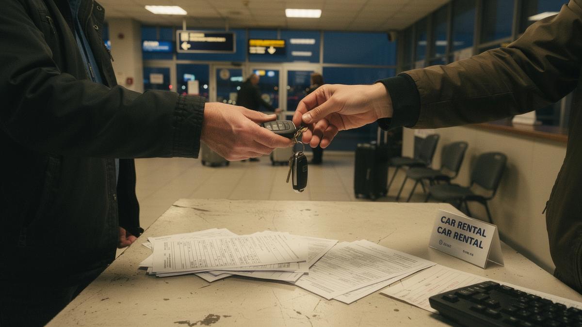 Counter staff handing over car keys at the Boryspil pickup desk